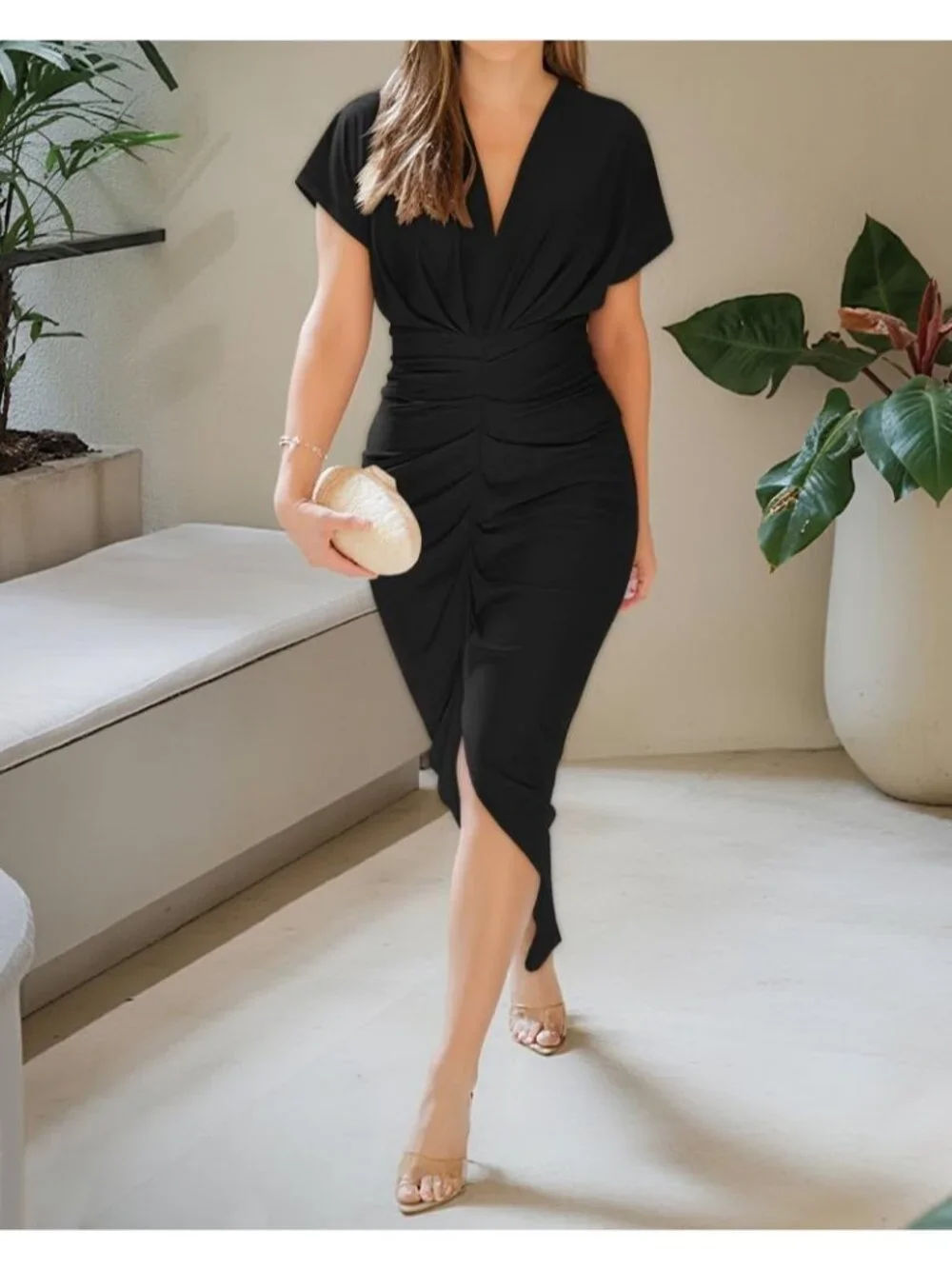 Women's Black Polyester Elastane Floral Print V Neck Slit Bodycon Midi Dress